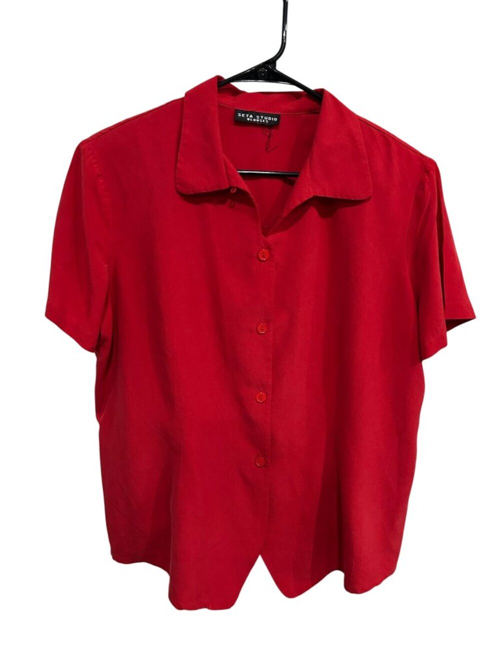 Seta Studio Womens Red Short Sleeve Button-Up Collared Blouse Minimalist Retro